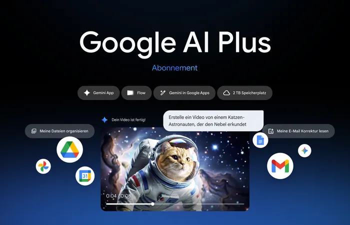 Google AI Plus Oberfläche mit Gemini-Funktionen wie Flow, Google Drive, Google Fotos, Kalender und Gmail sowie 2 TB Speicherplatz