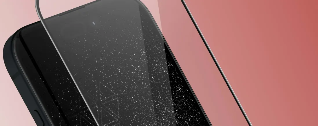 Eine Nahaufnahme von einem Handybildschirm mit einer Schutzfolie davor.