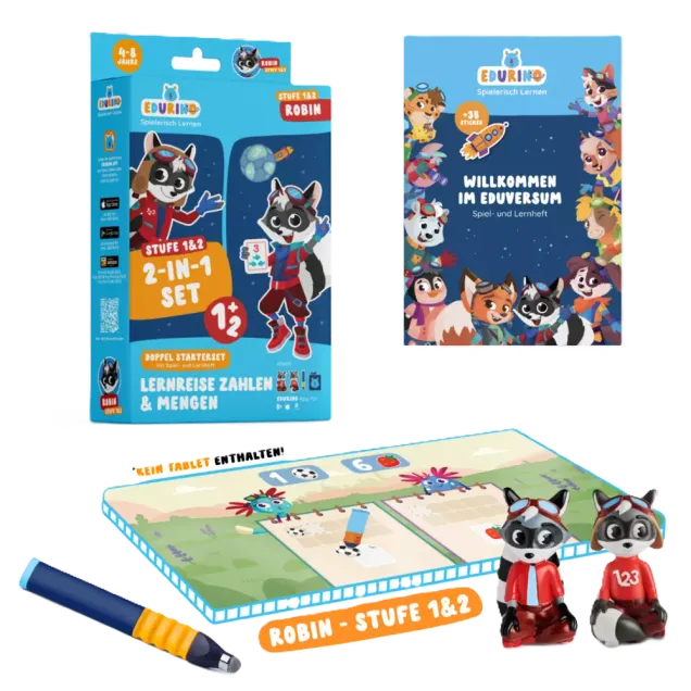 Edurino Doppelstarterset Robin 1 + Robin 2 EXKLUSIV (inkl. Spiel- und Lernheft + dunkelblauer Stift) Bunt