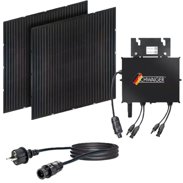 Schwaiger Solar Bundle: 2 x Solarmodul 200Wp + Wechselrichter BDM800 + Wechselrichter Anschlusskabel 5m Schwarz