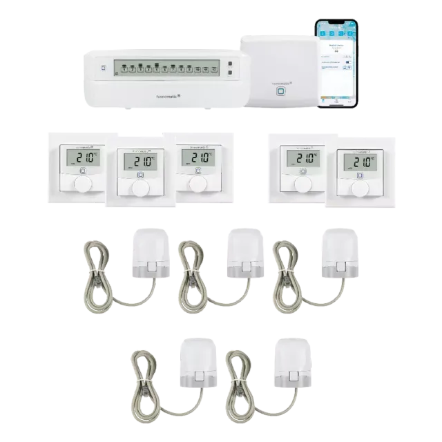 Homematic IP Access P. 1 x Fussb.aktor + 5 x Stellantrieb + 5 x Wandth.