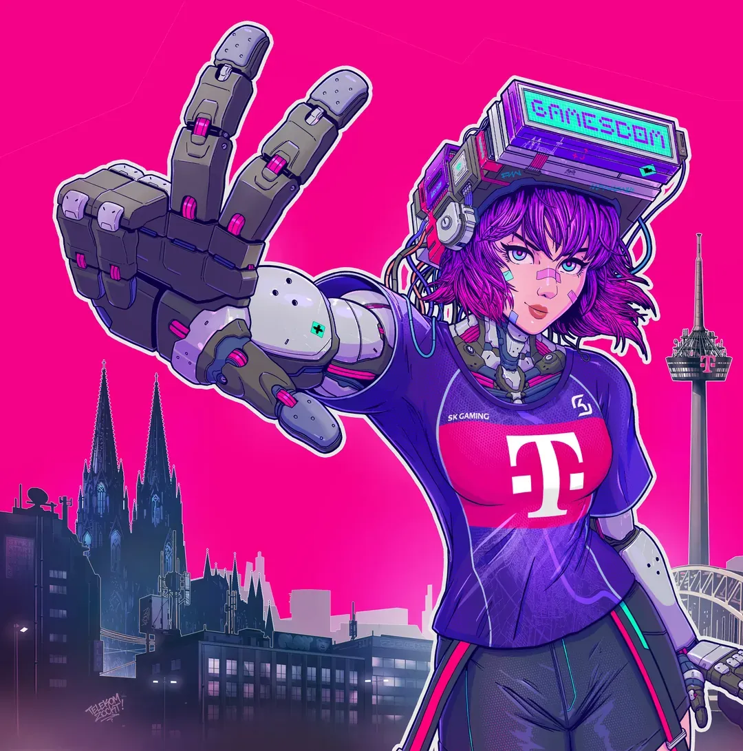 Illustrierte Gamescom-Spielerin im Telekom Trikot vor der Kölner Skyline