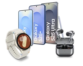 Eine Auswahl von Samsung-Geräten: Galaxy Watch7, Galaxy S25 Ultra, etc.