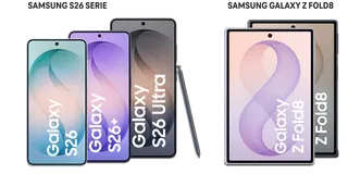 Die Samsung Galaxy 26, 26+ und 26 Ultra sowie das Galaxy Z Fold8, nebeneinander dargestellt.