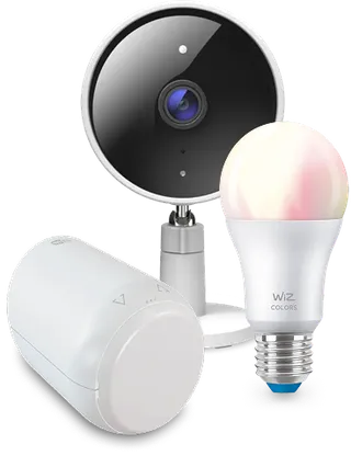 Produktbilder von smarten Kamera, LED-Leuchtmittel & Heizkörperthermostat