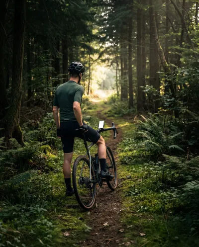 Radfahrer mit Gravelbike auf einem Waldtrail