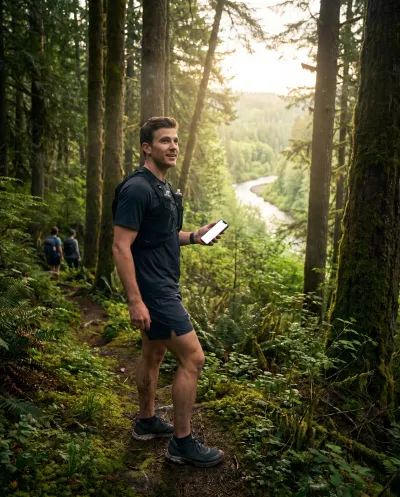 Wanderer mit Smartphone auf einem Waldweg