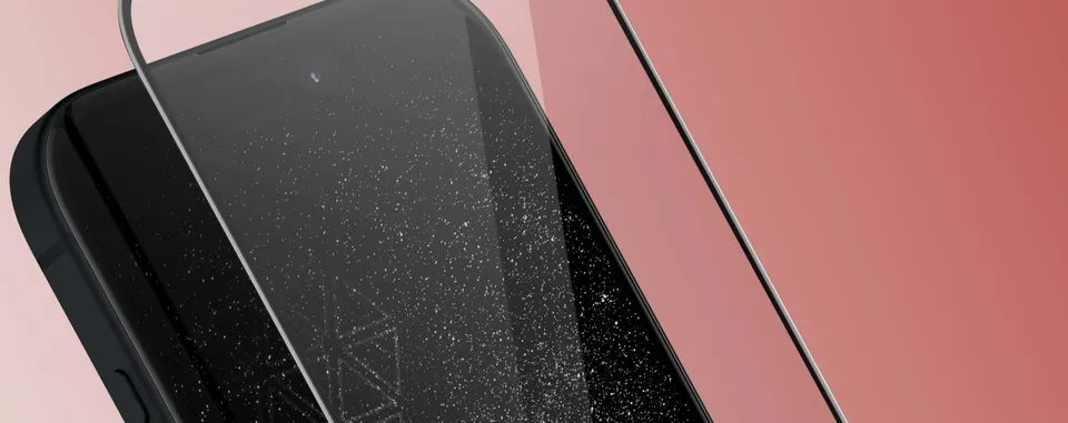 Eine Nahaufnahme von einem Handybildschirm mit einer Schutzfolie davor.