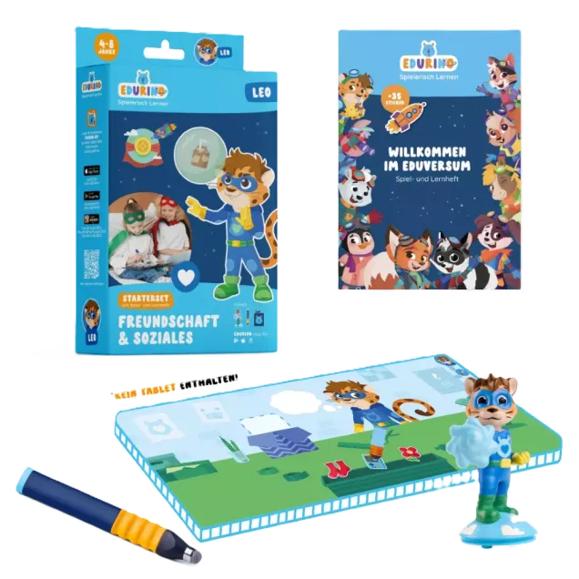 Edurino Starterset Hero Leo - Freundschaft und soziale Kompetenz EXKLUSIV (inkl. Spiel- und Lernheft + dunkelblauer Stift) Bunt