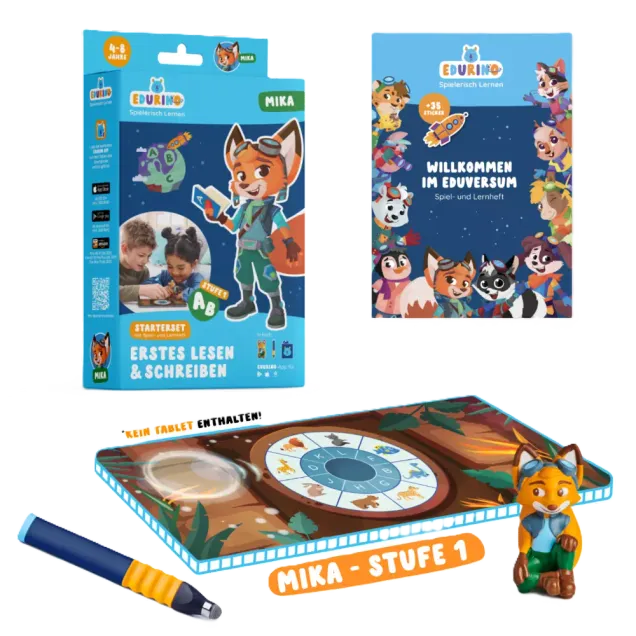 Edurino Starterset Mika 1 - Erstes Lesen & Schreiben EXKLUSIV (inkl. Spiel- und Lernheft + dunkelblauer Stift) Bunt