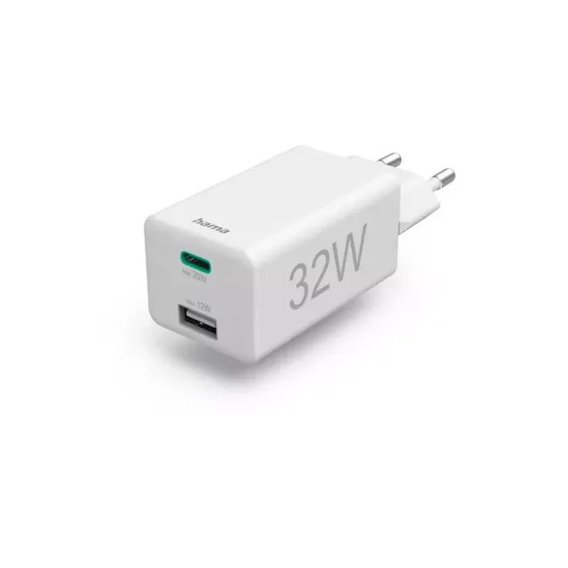 Hama Schnellladegerät 1x USB-C 1x USB-A PD/Qualcomm® Mini-Ladegerät 32W WS Weiß