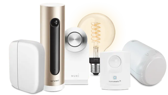 Smart Home Produkte: Base, Kamera, Türschloss, Leuchtmittel, Bewegungsmelder, Heizkörperthermostat