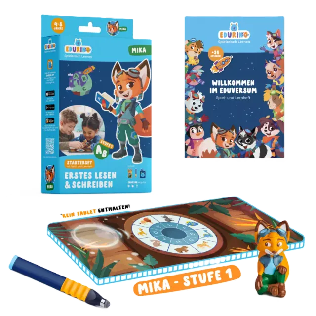 Edurino Starterset Mika 1 - Erstes Lesen & Schreiben EXKLUSIV (inkl. Spiel- und Lernheft + dunkelblauer Stift) Bunt
