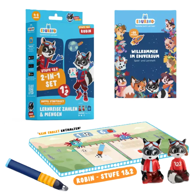 Edurino Doppelstarterset Robin 1 + Robin 2 EXKLUSIV (inkl. Spiel- und Lernheft + dunkelblauer Stift) Bunt