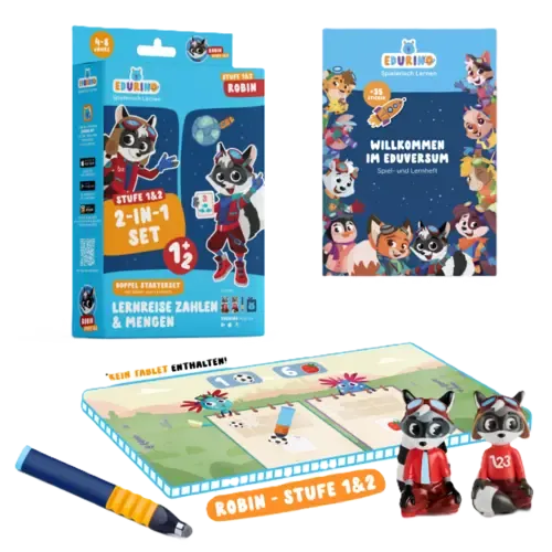 Edurino Doppelstarterset Robin 1 + Robin 2 EXKLUSIV (inkl. Spiel- und Lernheft + dunkelblauer Stift) Bunt