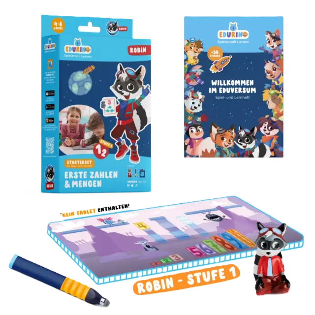 Edurino Starterset Robin 1 - Zahlen & Mengen EXKLUSIV (inkl. Spiel- und Lernheft + dunkelblauer Stift) Bunt