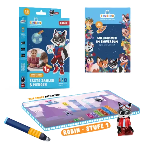 Edurino Starterset Robin 1 - Zahlen & Mengen EXKLUSIV (inkl. Spiel- und Lernheft + dunkelblauer Stift) Bunt
