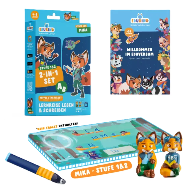 Edurino Doppelstarterset Mika 1 + Mika 2 EXKLUSIV (inkl. Spiel- und Lernheft + dunkelblauer Stift) Bunt
