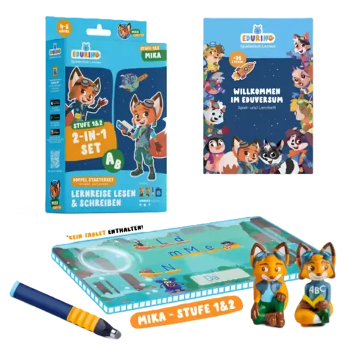 Edurino Doppelstarterset Mika 1 + Mika 2 EXKLUSIV (inkl. Spiel- und Lernheft + dunkelblauer Stift) Bunt