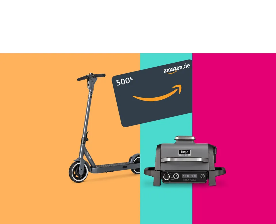 Eine Collage mit den Gewinnen. Ein E-Scooter, Amazon-Gutschein und ein Gas-Grill.