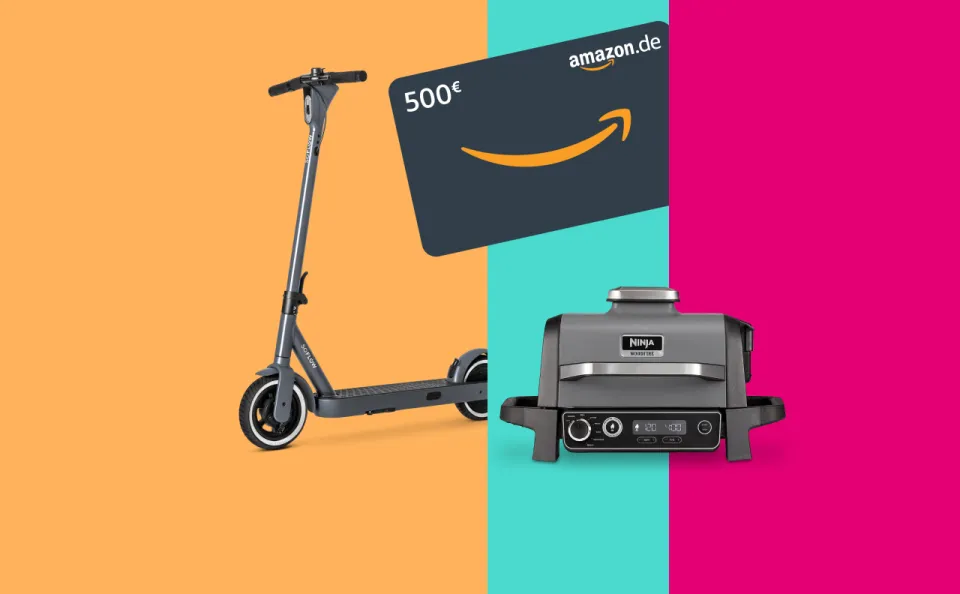 Eine Collage mit den Gewinnen. Ein E-Scooter, Amazon-Gutschein und ein Gas-Grill.