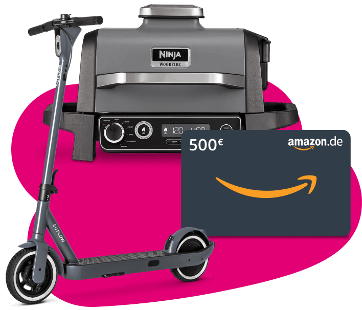 Ein E_Scooter, Amazon-Gutschein und Gasgrill