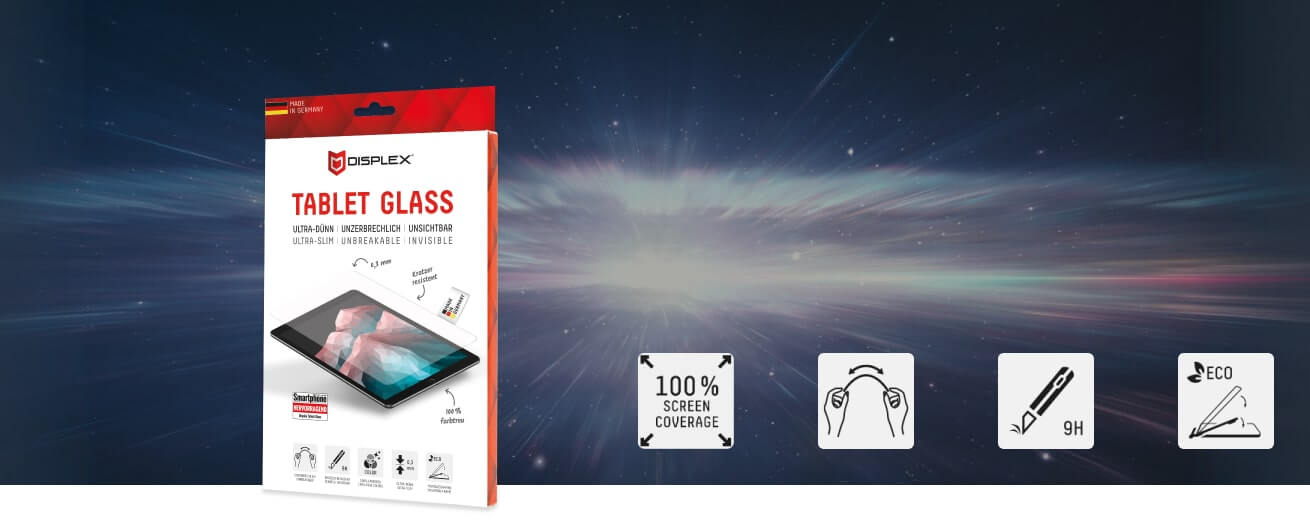 Eine Verpackung für "Tablet Glass" von Displex, abgebildet vor einem weltraumähnlichen Hintergrund