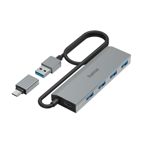 Hama USB-Hub 4 Ports USB 3.2 Gen1 5 Gbit/s inkl. USB-C-Adapter und Netzteil Anthrazit