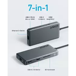 Anker 341 USB-C Hub (7-in-1 4K HDMI) mit 3X 5 Gbps USB-C und USB-A Data Ports